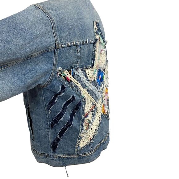 Upcycled Denim Jacket Womens Large Star Boho Grunge Patchwork Folk Art Coachella - Picture 5 of 14